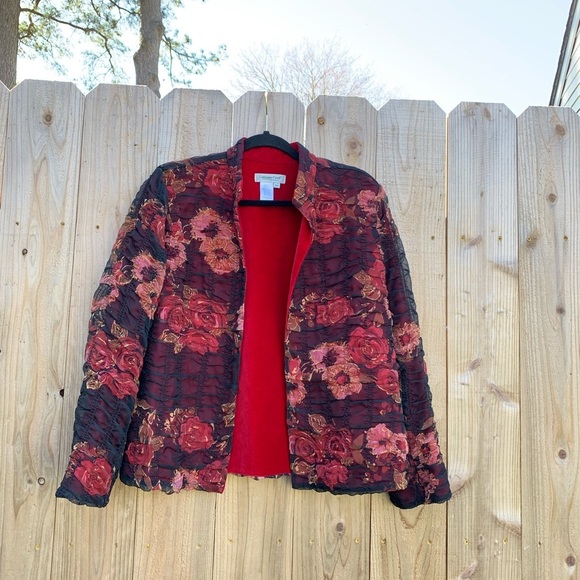 Coldwater Creek Floral Sheer-Overlay Open Front Jacket black‎ red petite medium - Picture 2 of 6